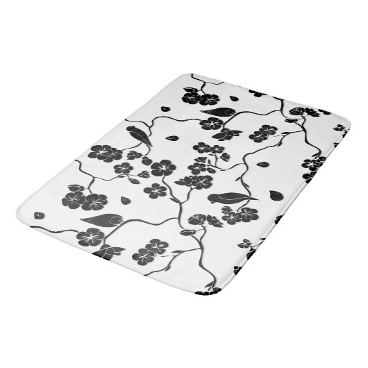 Black and White Pattern Birds on Cherry Blossoms Badmat (Gekanteld)