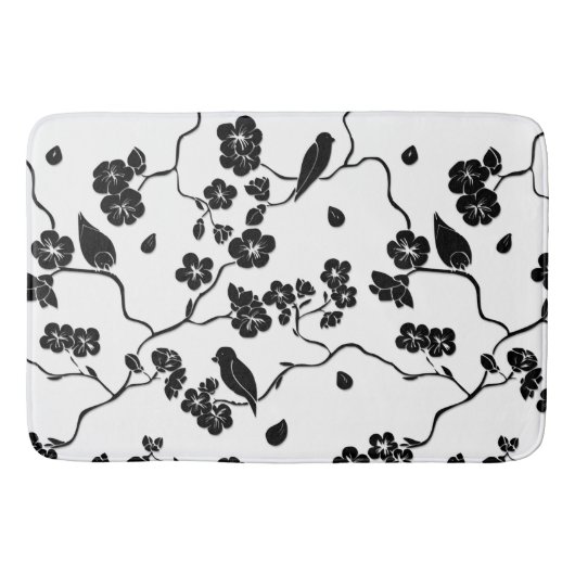 Black and White Pattern Birds on Cherry Blossoms Badmat (Voorkant)