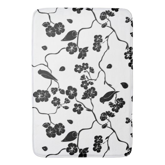 Black and White Pattern Birds on Cherry Blossoms Badmat (Voorkant Verticaal)