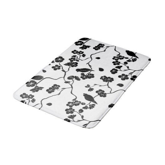 Black and White Pattern Birds on Cherry Blossoms Badmat (Gekanteld)