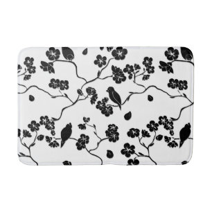 Black and White Pattern Birds on Cherry Blossoms Badmat