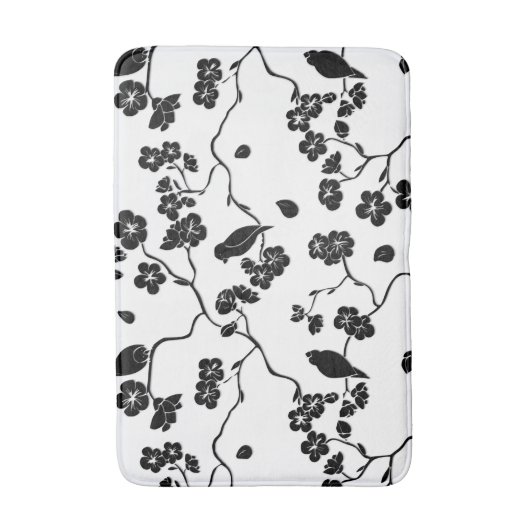 Black and White Pattern Birds on Cherry Blossoms Badmat (Voorkant Verticaal)