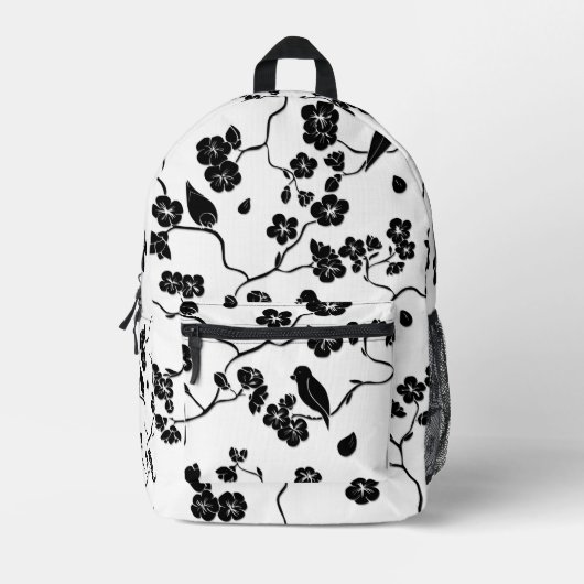 Black and White Pattern Birds on Cherry Blossoms Bedrukte Rugzak (Voorkant)