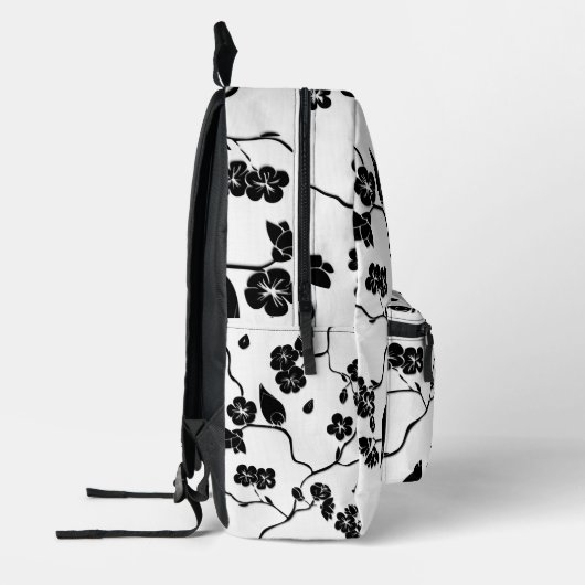 Black and White Pattern Birds on Cherry Blossoms Bedrukte Rugzak (Links)