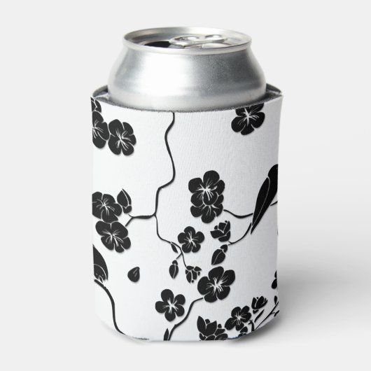 Black and White Pattern Birds on Cherry Blossoms Blikjeskoeler (Blikje Voorkant)