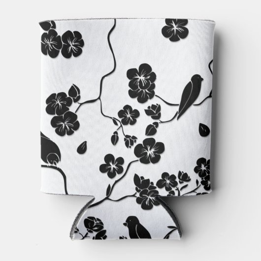 Black and White Pattern Birds on Cherry Blossoms Blikjeskoeler (Voorkant)