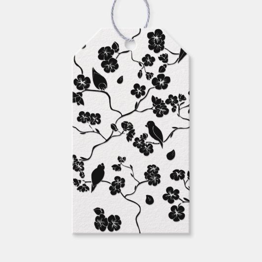 Black and White Pattern Birds on Cherry Blossoms Cadeaulabel (Voorkant)