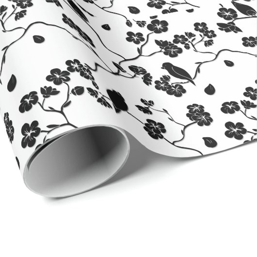 Black and White Pattern Birds on Cherry Blossoms Cadeaupapier (Rol Hoek)