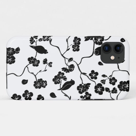 Black and White Pattern Birds on Cherry Blossoms Case-Mate iPhone Case (Achterkant (horizontaal))