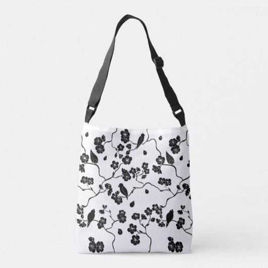 Black and White Pattern Birds on Cherry Blossoms Crossbody Tas (Achterkant)