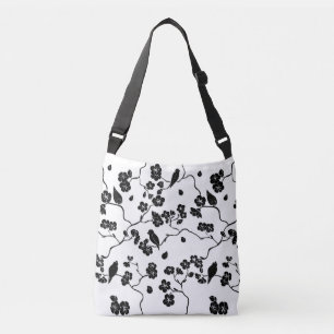 Black and White Pattern Birds on Cherry Blossoms Crossbody Tas