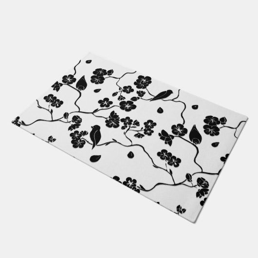 Black and White Pattern Birds on Cherry Blossoms Deurmat (Schuin)