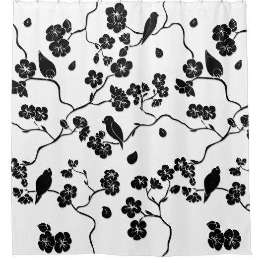 Black and White Pattern Birds on Cherry Blossoms Douchegordijn (Voorkant)