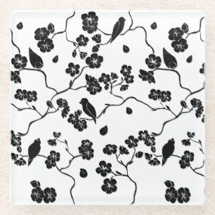 Black and White Pattern Birds on Cherry Blossoms Glazen Onderzetter