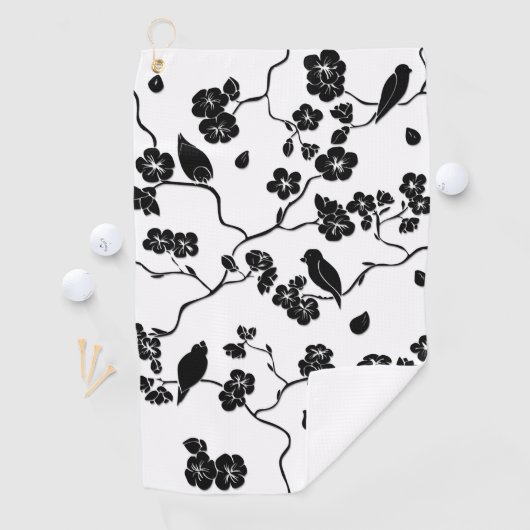 Black and White Pattern Birds on Cherry Blossoms Golfhanddoek (Insitu)