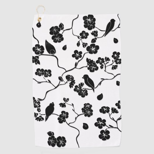 Black and White Pattern Birds on Cherry Blossoms Golfhanddoek (Voorkant)