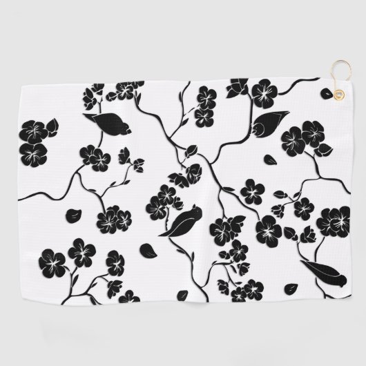 Black and White Pattern Birds on Cherry Blossoms Golfhanddoek (Horizontaal)