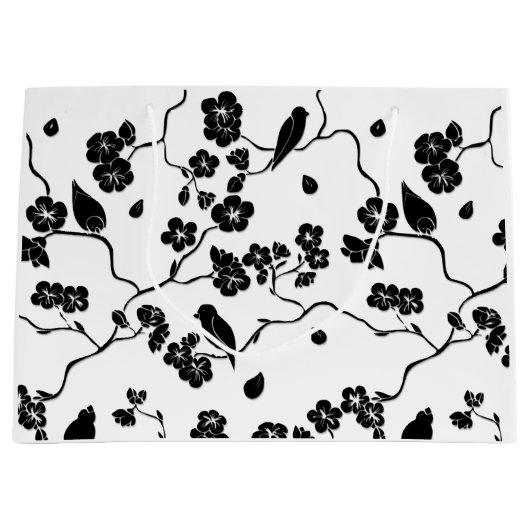 Black and White Pattern Birds on Cherry Blossoms Groot Cadeauzakje (Voorkant)