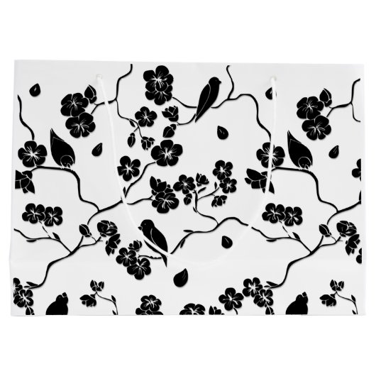Black and White Pattern Birds on Cherry Blossoms Groot Cadeauzakje (Achterkant)