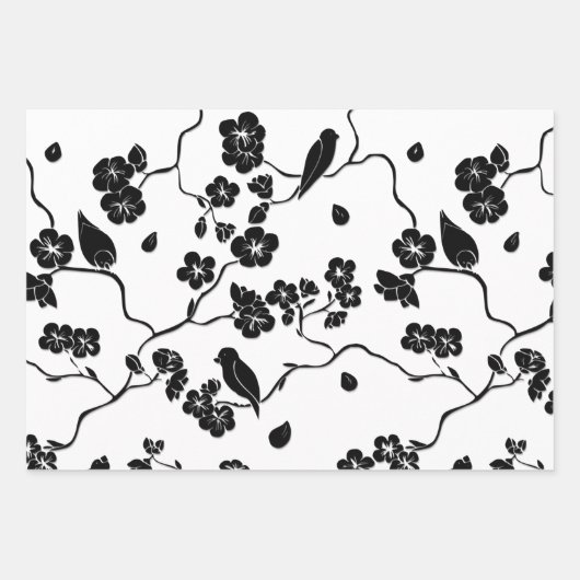 Black and White Pattern Birds on Cherry Blossoms Inpakpapier Vel (Voorkant 3)