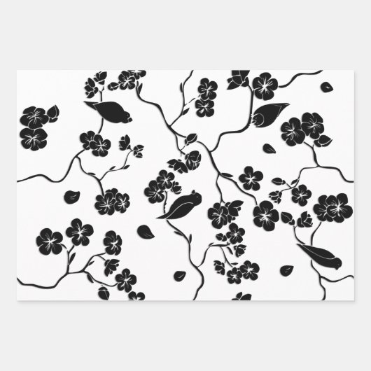 Black and White Pattern Birds on Cherry Blossoms Inpakpapier Vel (Voorkant)