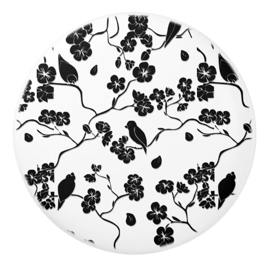 Black and White Pattern Birds on Cherry Blossoms Keramische Knop (Voorkant)