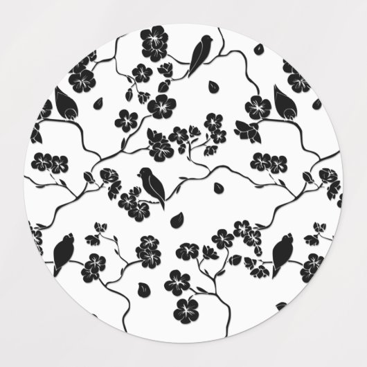 Black and White Pattern Birds on Cherry Blossoms Labels (Design 2)