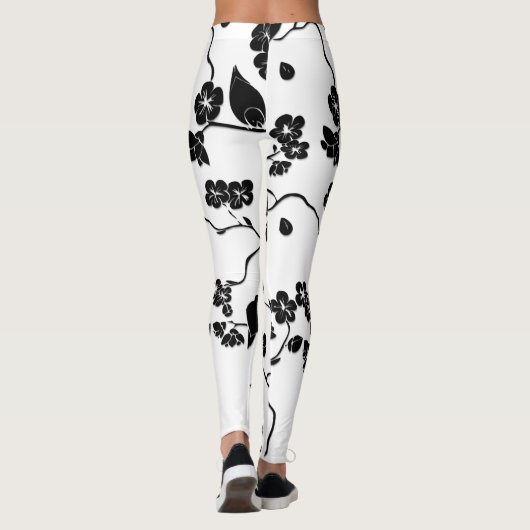Black and White Pattern Birds on Cherry Blossoms Leggings (Achterkant)