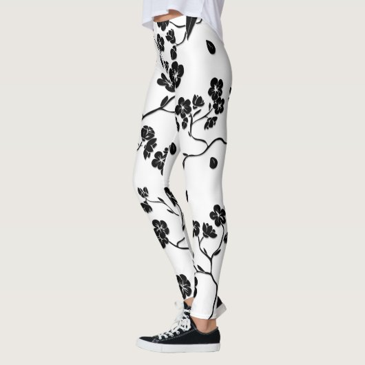 Black and White Pattern Birds on Cherry Blossoms Leggings (Links)