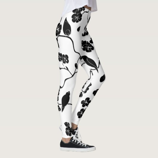 Black and White Pattern Birds on Cherry Blossoms Leggings (Rechts)