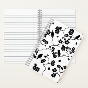 Black and White Pattern Birds on Cherry Blossoms Notitieboek