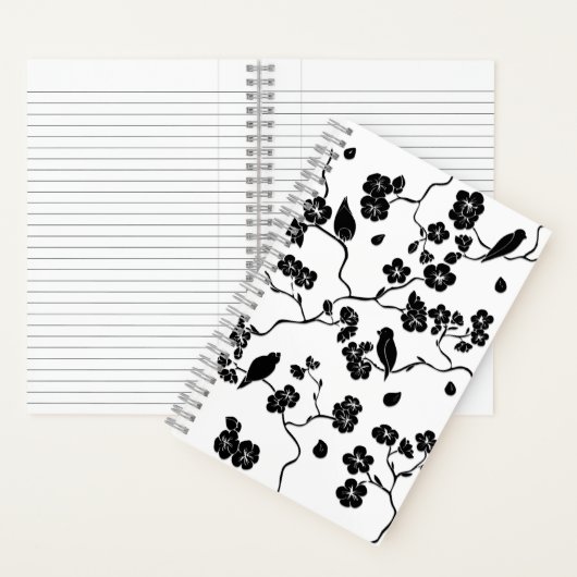 Black and White Pattern Birds on Cherry Blossoms Notitieboek (Binnen)