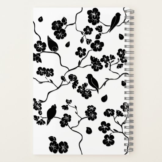 Black and White Pattern Birds on Cherry Blossoms Notitieboek (Achterkant)