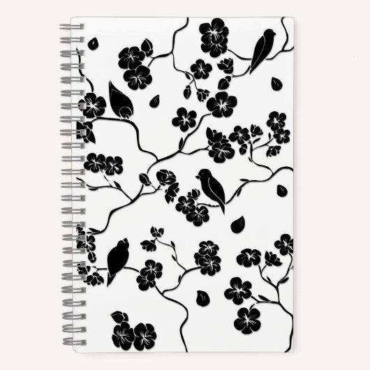 Black and White Pattern Birds on Cherry Blossoms Notitieboek (Voorkant)
