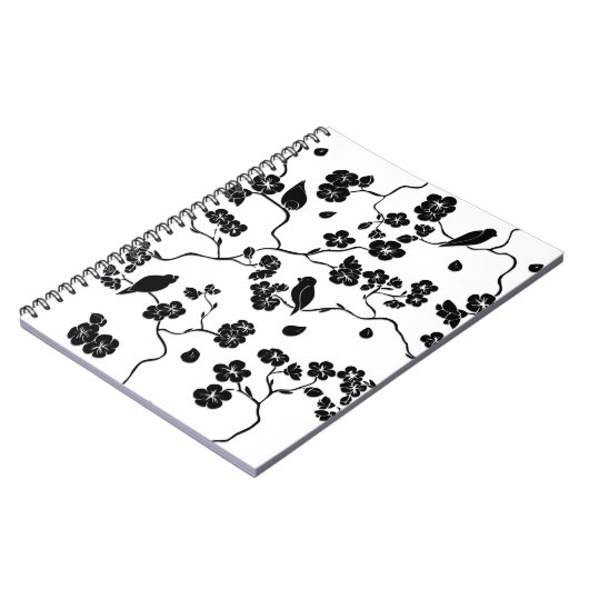 Black and White Pattern Birds on Cherry Blossoms Notitieboek (Linkerzijde)