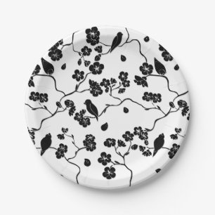 Black and White Pattern Birds on Cherry Blossoms Papieren Bordje