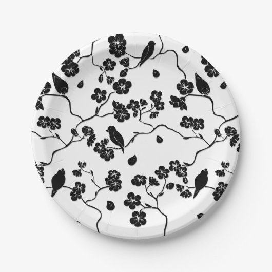 Black and White Pattern Birds on Cherry Blossoms Papieren Bordje (Voorkant)