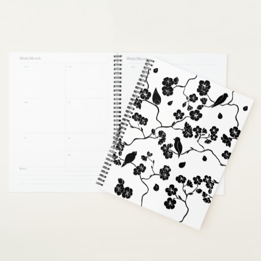 Black and White Pattern Birds on Cherry Blossoms Planner (Display)