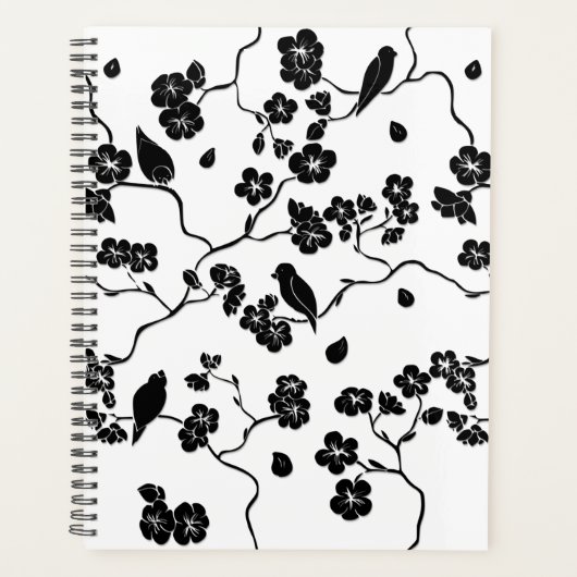 Black and White Pattern Birds on Cherry Blossoms Planner (Voorkant)