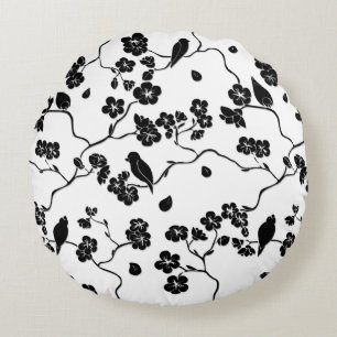 Black and White Pattern Birds on Cherry Blossoms Rond Kussen