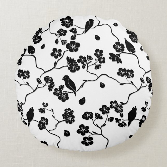 Black and White Pattern Birds on Cherry Blossoms Rond Kussen (Voorkant)