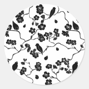 Black and White Pattern Birds on Cherry Blossoms Ronde Sticker