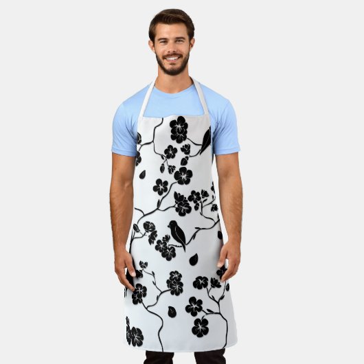 Black and White Pattern Birds on Cherry Blossoms Schort (Gedragen)