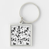 Black and White Pattern Birds on Cherry Blossoms Sleutelhanger (Voorkant)