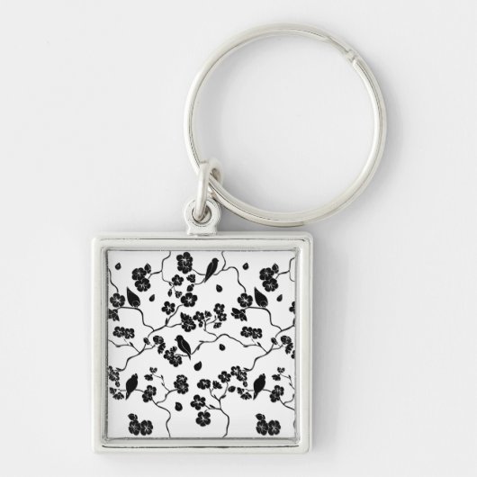Black and White Pattern Birds on Cherry Blossoms Sleutelhanger (Voorkant)