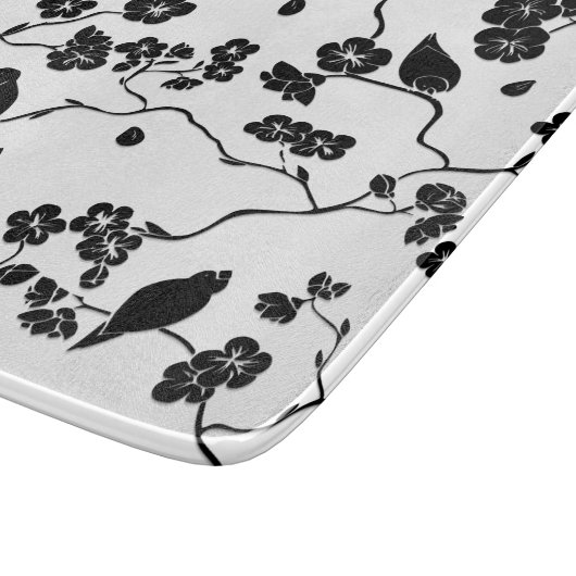 Black and White Pattern Birds on Cherry Blossoms Snijplank (Hoek)