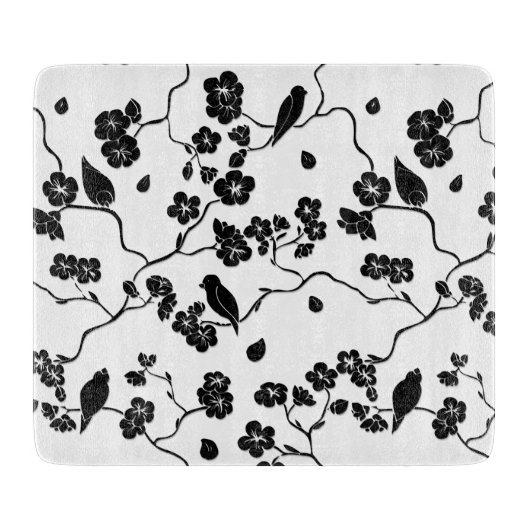 Black and White Pattern Birds on Cherry Blossoms Snijplank (Voorkant)