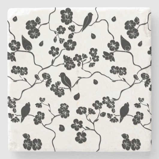 Black and White Pattern Birds on Cherry Blossoms Stenen Onderzetter (Voorkant)