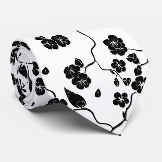 Black and White Pattern Birds on Cherry Blossoms Stropdas (Opgerold)