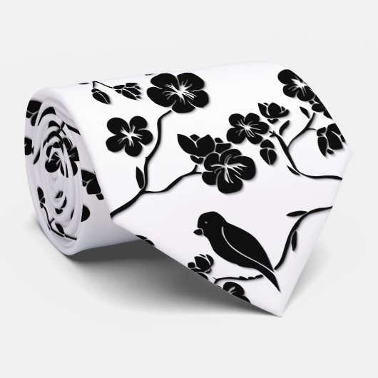 Black and White Pattern Birds on Cherry Blossoms Stropdas (Opgerold)